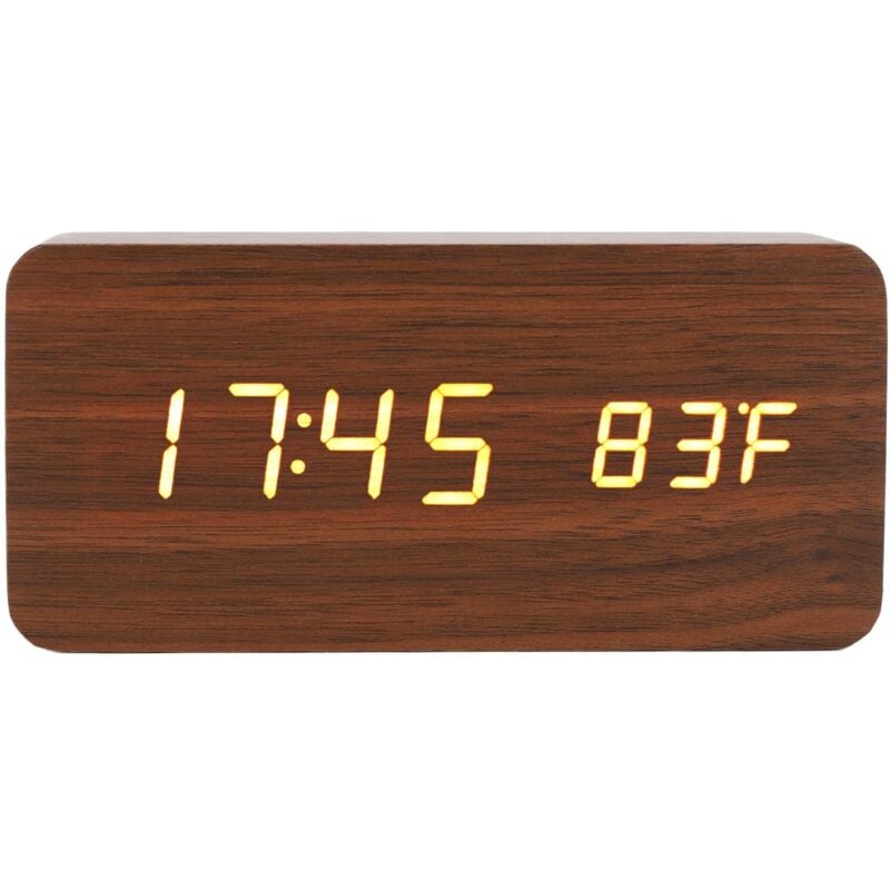 Wooden Digital Alarm Clock, Large LED Display Bedside Clock 3 Brightness Levels with Temperature and Humidity Display for Bedroom, Office, Nightstand