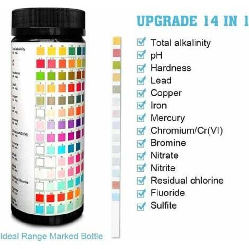 14-in-1 Water Quality Test Strips for Drinking Water and Well Water Testing, to Detect Residual Chlorine, Alkalinity, Hardness, pH, Nitrite, and