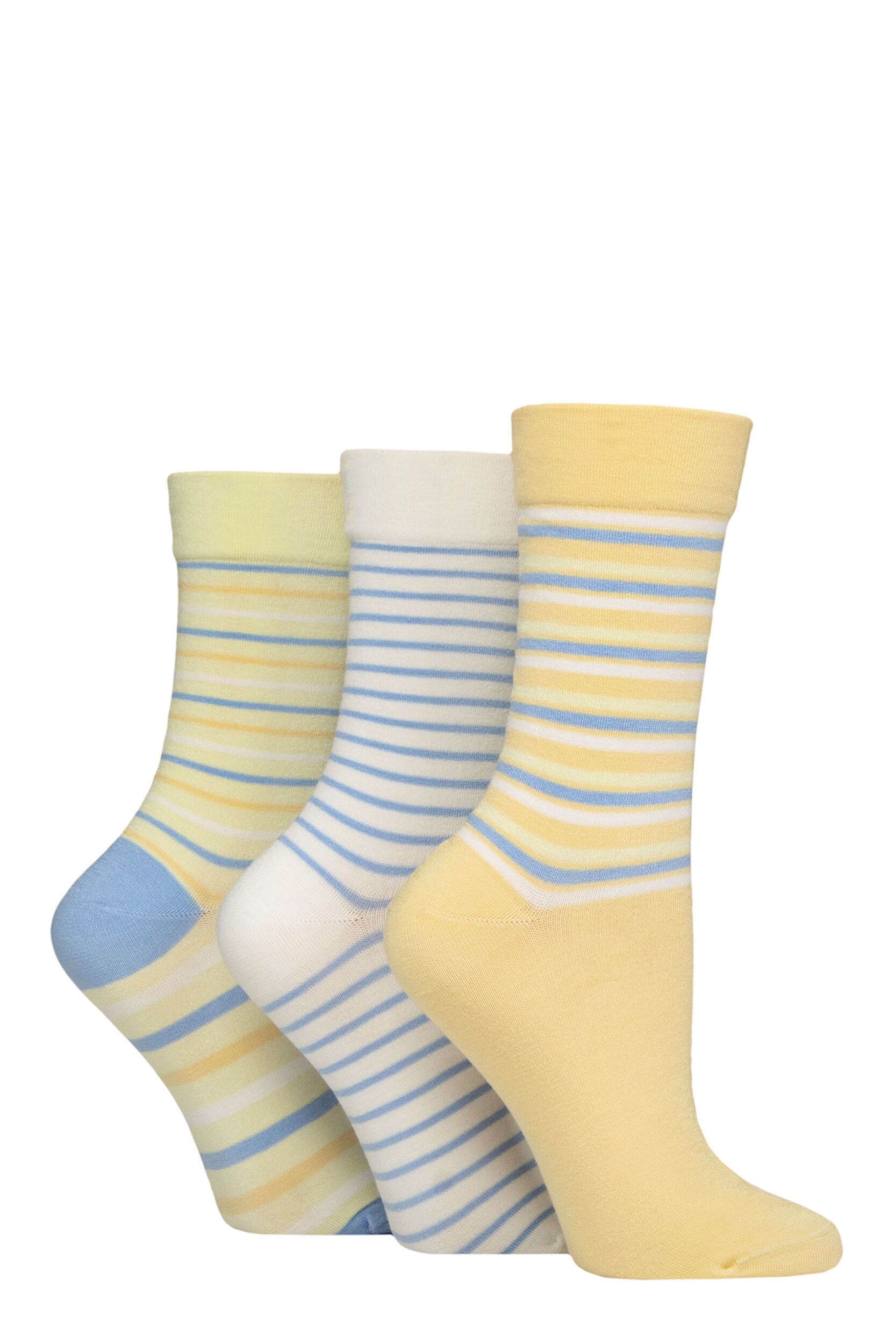 Women's 3 Pair SOCKSHOP Gentle Bamboo Socks with Smooth Toe Seams in Plains and Stripes Sicilian Lemon 4-8