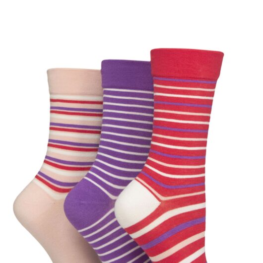 Women's 3 Pair SOCKSHOP Gentle Bamboo Socks with Smooth Toe Seams in Plains and Stripes Tuscan Rose 4-8