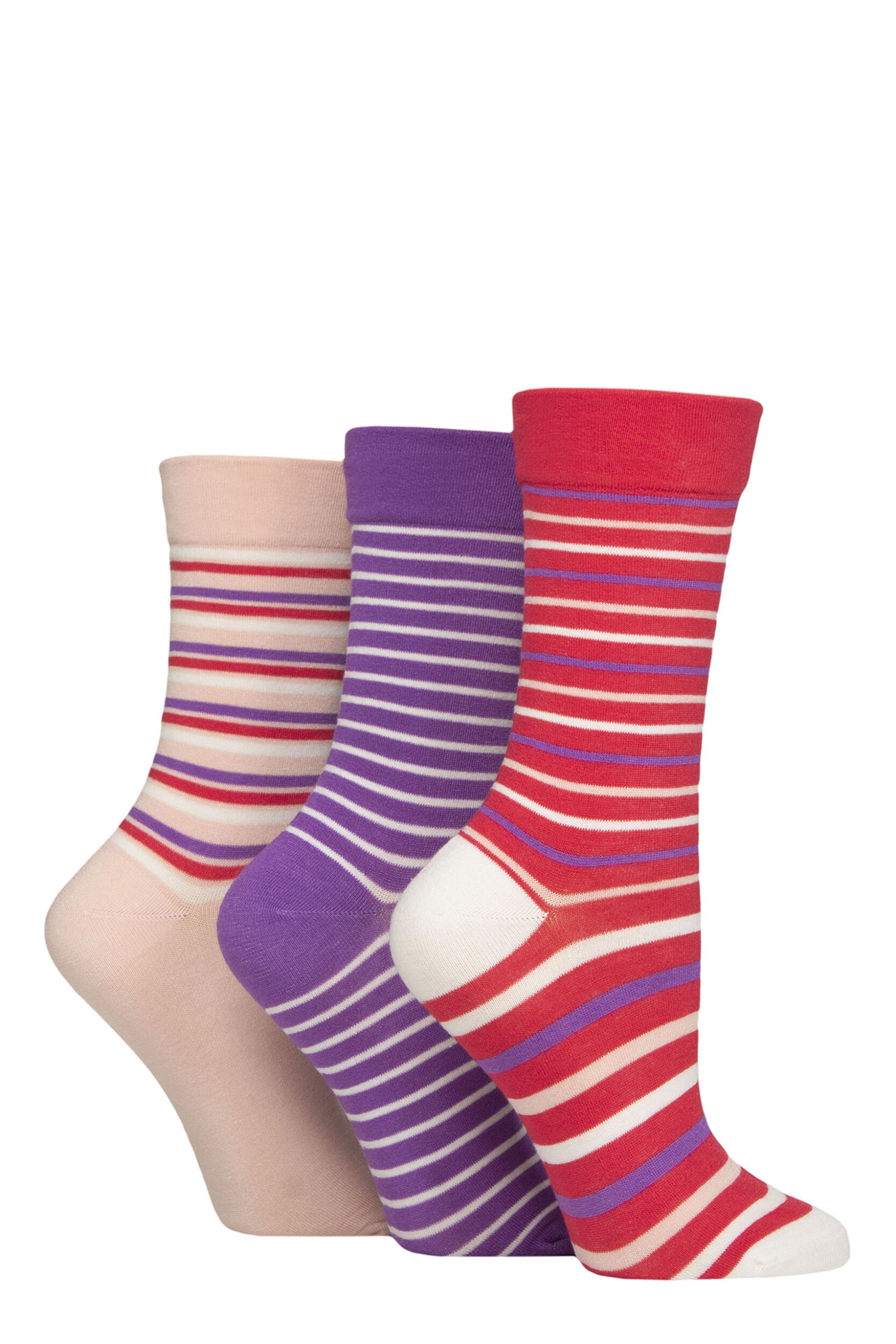 Women's 3 Pair SOCKSHOP Gentle Bamboo Socks with Smooth Toe Seams in Plains and Stripes Tuscan Rose 4-8