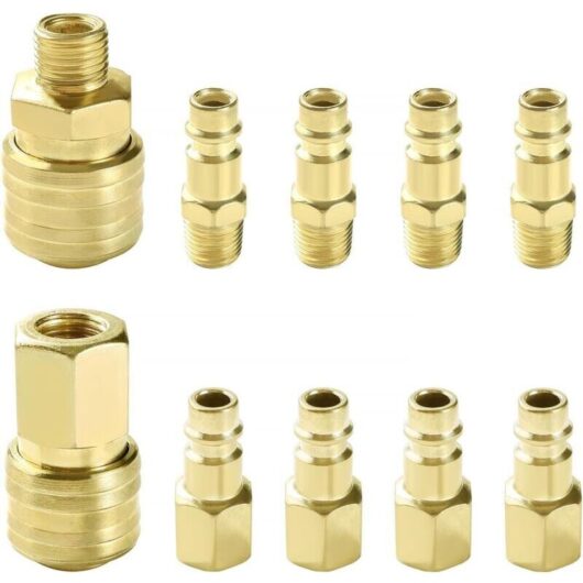 10 Pieces 1/4" BSP Pneumatic Air Coupler Kit, European Pneumatic Quick Fitting, Compressor Air Fitting, for Compressor Hose, Gold