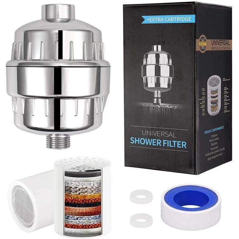 15-layer shower filter, hard water filter, healthier skin and hair, removes chlorine, heavy metals and other sediments, vitamin C water softener