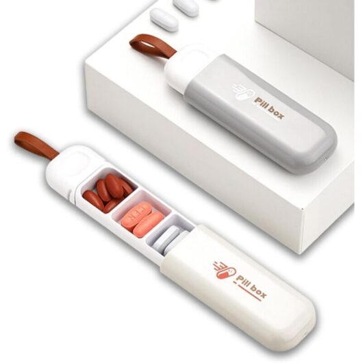 2 Pack Mini Daily Pill Boxes with 3 Compartments, BPA Free, Travel Pill Case with Vitamins and Fish Oil, Beige and Grey