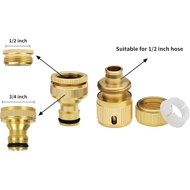 2-in-1 Brass Hose Tap Fittings 1/2" and 3/4" Tap Adapter, 1/2" Quick Hose Connector, Car Wash Fitting and Hose Connector (2 pieces)