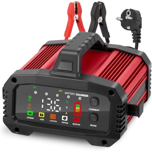 25A Car Battery Charger 12V/24V, Lithium Battery Charger with Automatic Repair, LCD Screen, Charger for Car, Motorcycle, Truck, LiFePO4, AGM, Red