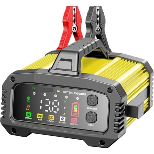25A Car Battery Charger 12V/24V, Lithium Battery Charger with Automatic Repair, LCD Screen, Charger for Car, Motorcycle, Truck, LiFePO4, AGM, Yellow