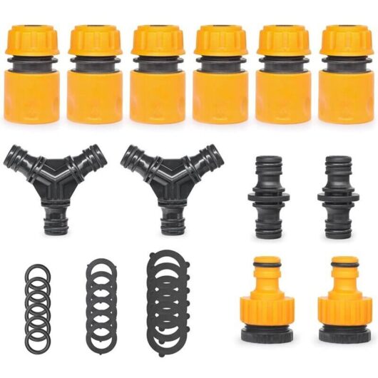 30-piece set of hose fittings, including 1/2" quick hose connector, Y-connector, double male connector, and universal tap connector.