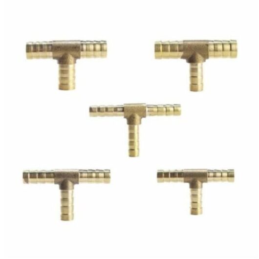 (8mm) 5 Pieces Brass 3-Way T-Shaped Fuel Hose Fitting for Compressed Air Gas Hose