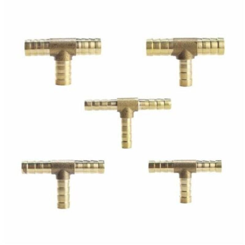 (8mm) 5 Pieces Brass 3-Way T-Shaped Fuel Hose Fitting for Compressed Air Gas Hose