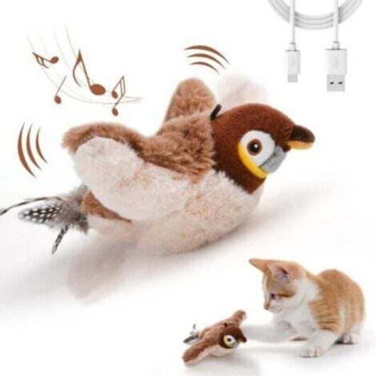 Interactive cat toy with rechargeable catnip, buzz beat bird (does not fly), for indoor cats, touch activation, plush kitten sports toy.