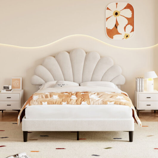 Upholstered Velvet Bed Frame, with Adjustable Chic Petal Headboard, Solid Wood Slat, No Box Spring Needed, Easy Assembly, Double Bed,Beige