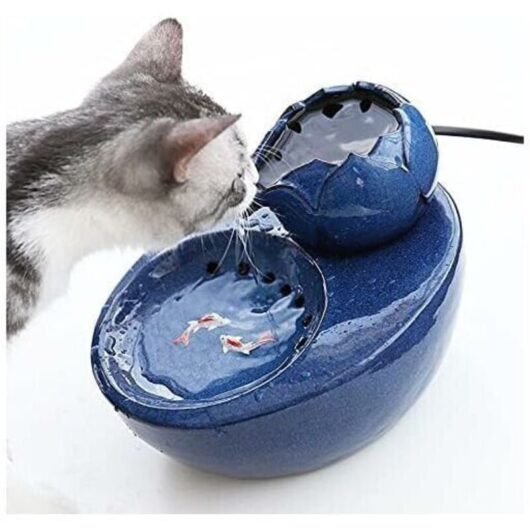 Water fountain - Ceramic - With vertical lotus and automatic filter - Ideal for cats and pets - Blue