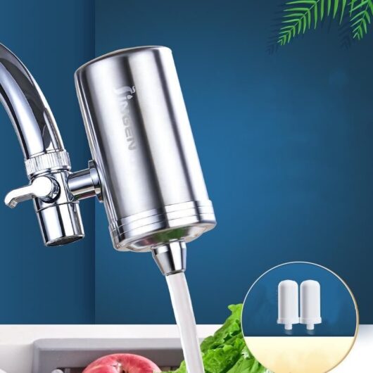 Water purifier, directly connected to the tap, water saving, diatomaceous earth ceramic cartridge, filters bacteria and dust from the water, ceramic