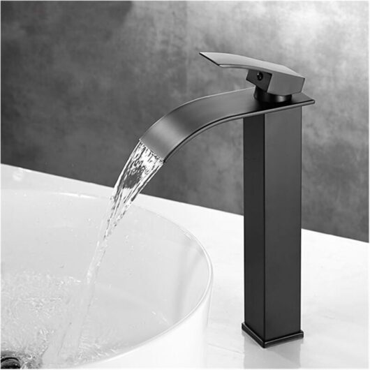 Waterfall Bathroom Faucet, Modern Black High Waterfall Basin Mixer Tap, Basin Mixer with Spout Height 232 mm, Square Brass Tap, Hot and Cold Water