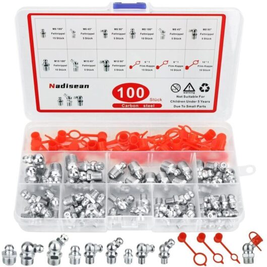 100 Piece Grease Fittings M6 M8 M10, Nickel Plated Male Thread Grease Fittings 45°90°180°, Assortment of Grease Fittings with Lid & Plastic Box,
