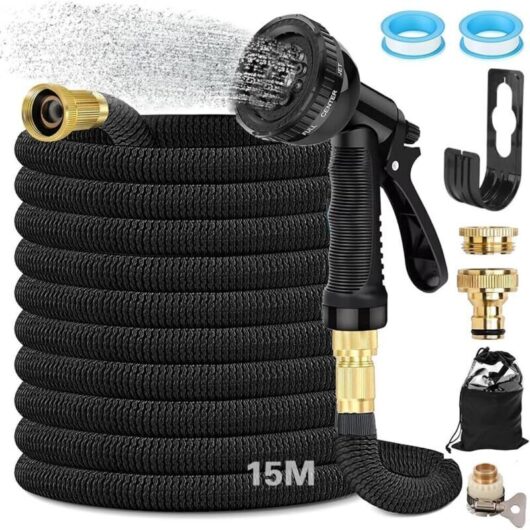 15m Expandable Garden Hose, Flexible Garden Hose with 3/4" and 1/2" Brass Fittings, 8-Function Spray Head, with Storage Bag, for Garden, Campervan
