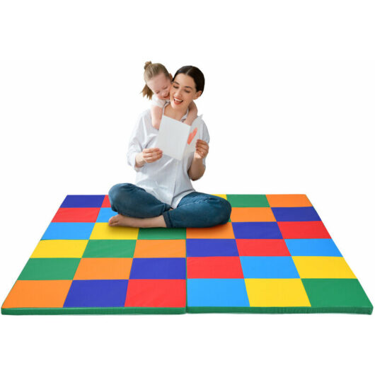 COSTWAY Kids Play Mat, Folding Patchwork Toddler Floor Mats with Waterproof Surface, Extra Thick Foam Playmat for Baby