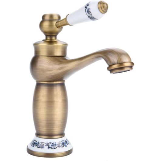 1 bathroom mixer tap, solid antique brass, long blue-white ceramic spout, retro style for washbasin and sink