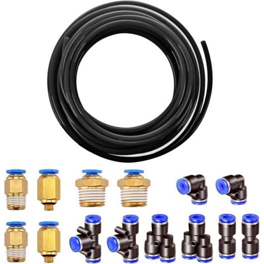 10m Polyurethane Pneumatic Hose 6mm Black, PU Air Hose, with 14 Pneumatic Connectors 4mm (2 Straight, 2 Elbows, 2 T-fittings, 2 Y-splitters, 6 Male