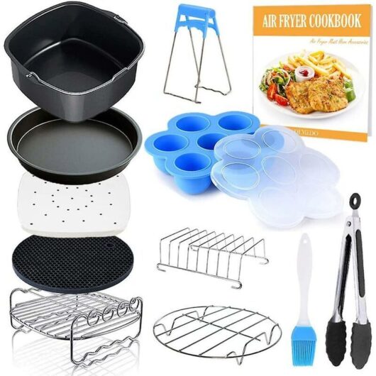 11 Piece Square Air Fryer Accessories with Recipe Book Compatible for Philips Air Fryer, Cosori and Other Airfryers and Square Ovens, Deluxe Deep Fry