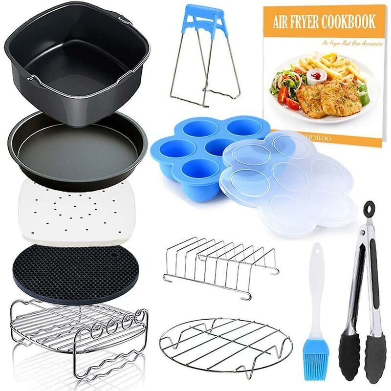 11 Piece Square Air Fryer Accessories with Recipe Book Compatible for Philips Air Fryer, Cosori and Other Airfryers and Square Ovens, Deluxe Deep Fry