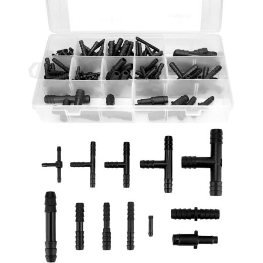 113-piece hose connector set - 12 sizes of straight and reducer fittings - for windshield washer system hoses, garden hoses
