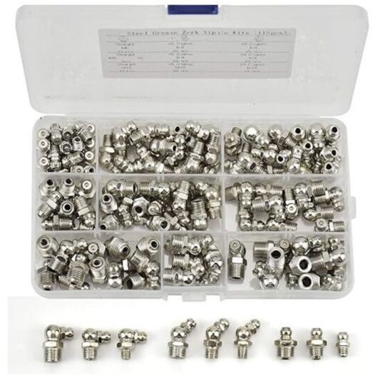115 grease fittings, M6 M8 M10 threaded fittings in nickel-plated iron, straight/angled 45° and 90°, for industrial mechanical equipment