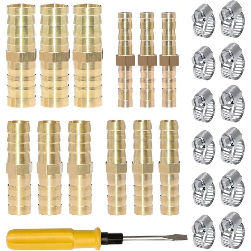 12-Piece Brass Fuel Hose Fittings 6/8/10/12 mm with 12 Hose Clamps and Screwdriver, Gas Hose Fitting for Air, Water, Gas, Oil
