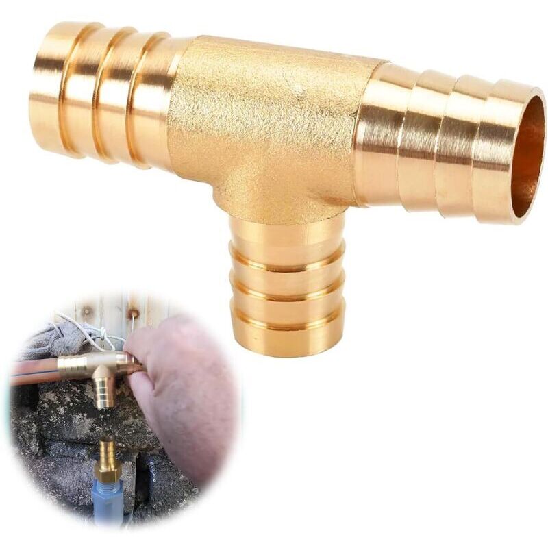 19mm Brass T-Shaped Pipe Fitting - 3-Way Brass Tubing with Grooved Tee - Heavy Duty Model - 3-Way T-Shaped Pipe Fitting with 3/4" Clamps