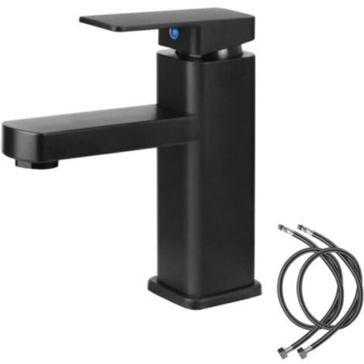 Black Bathroom Faucet, Alloy Sink Mixer with Cold and Hot Water Available, Sink Faucet with Two Hoses, for Toilets