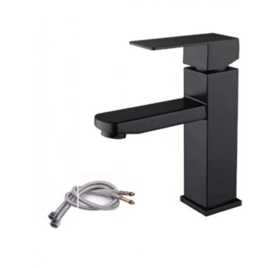 Black stainless steel basin mixer tap, single lever, hot and cold water with included hoses, black basin tap, black bathroom mixer tap