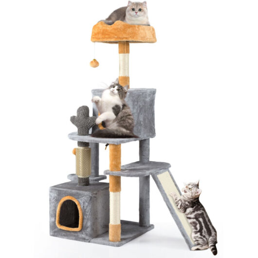 COSTWAY 128 CM Tall Cat Tree Multi-Level Aesthetic Floral Kitten Tower-Grey