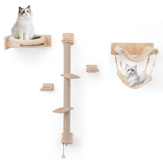 COSTWAY Cat Wall Shelves 5Pcs Wall-Mounted Cat Tree Tower Furniture Set Natural