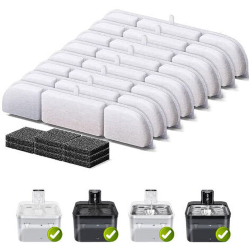Cat Fountain Filters, 8 Activated Carbon Medical Stone Filters, Ion Exchange Resin and 8 Foam Filters for 2.5 l Cordless Cat Water Fountain (Downy
