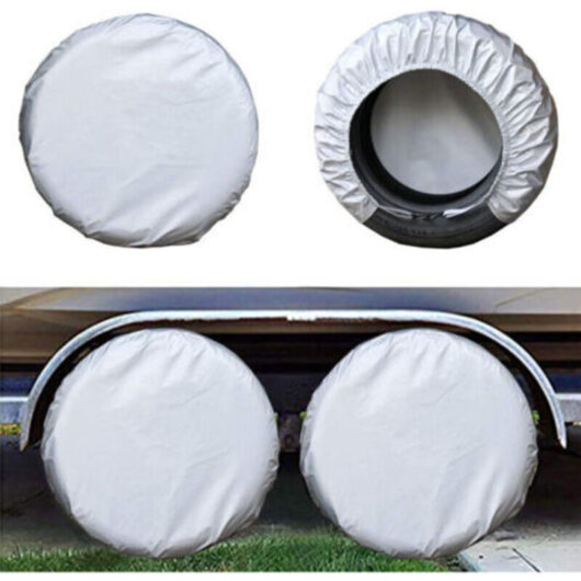 RV Wheel Tire Covers (4 Pack Silver), Oxford Waterproof UV Sun Protector for Truck, Camper, Boat, Trailer, Motorhome, SUV, Fits Diameter 30"-32"