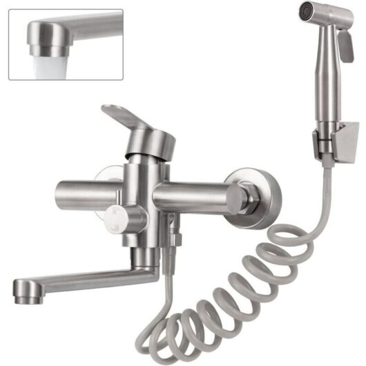Wall-Mounted Kitchen Faucet, Wall-Mounted Kitchen Mixer Tap with Spray Gun, 360° Swivel Mixer Tap, 23cm Rotating Spout, Brushed Stainless Steel