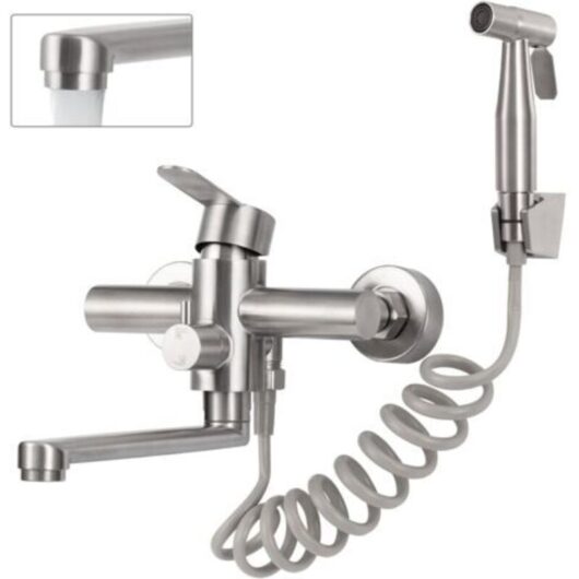 Wall-Mounted Kitchen Faucet, Wall-Mounted Kitchen Mixer Tap with Spray Gun, 360° Swivel Mixer Tap, 23cm Rotating Tube, Stainless Steel, Brushed
