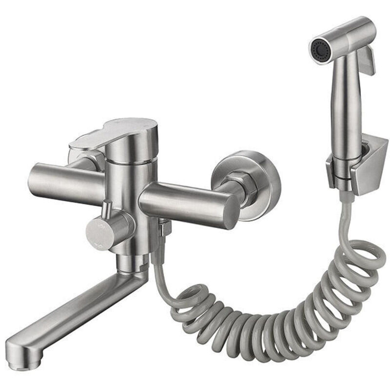 Wall-mounted kitchen faucet with spray gun and 2 types of water spray nozzles, 360° rotatable nozzle