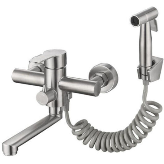 Wall-mounted kitchen faucet with spray gun and 2 types of water spray nozzles, 360° swivel spout