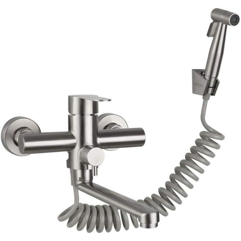 Wall-mounted tap with spray gun, with spray gun, kitchen sink, stainless steel tap, hot/cold water, laundry tub, rotary (brushed)