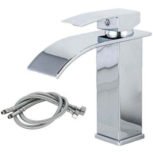 Waterfall Basin Faucet, UPGRADE Modern Bathroom Mixer Tap, Large Square Spout in Brass, Hot and Cold Water Available, Silver