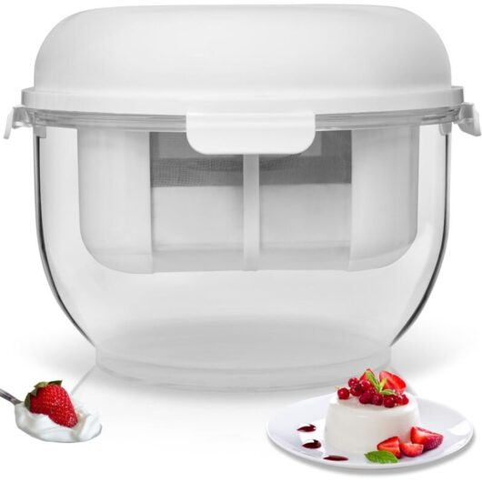 Yogurt maker with fine mesh filter, removable pressure plate, can be used as a storage container with a lid/filter, also perfect for yogurt