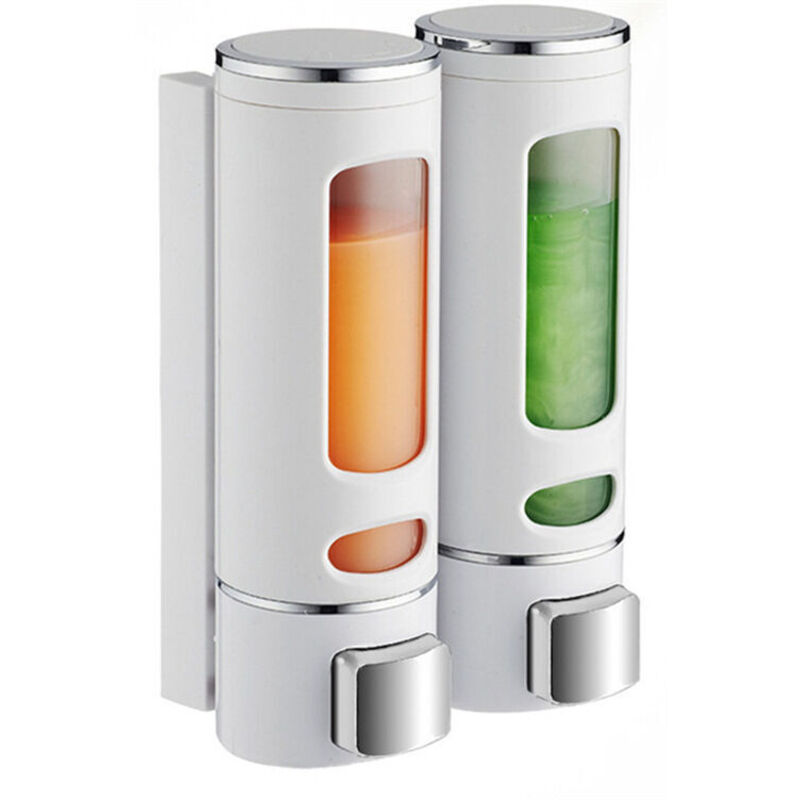 x Wall-Mounted Soap Dispenser, 400 ml, Transparent ABS, Dual Reservoir for Shower Gel and Disinfectant, Bathroom, Hotels and Schools