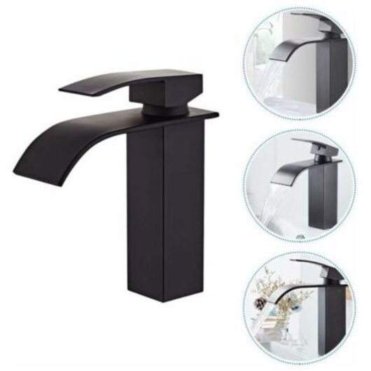 1 washbasin tap, hot and cold water mixer, waterfall design in matte black brass, for modern bathroom and sink