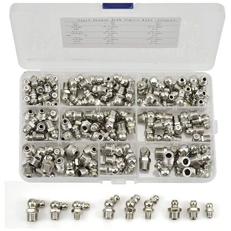 115-Piece Grease Fitting Assortment, M6 M8 M10 Threaded Nickel-Plated Iron Straight and 45°/90° Elbow Grease Fittings for Mechanical Equipment