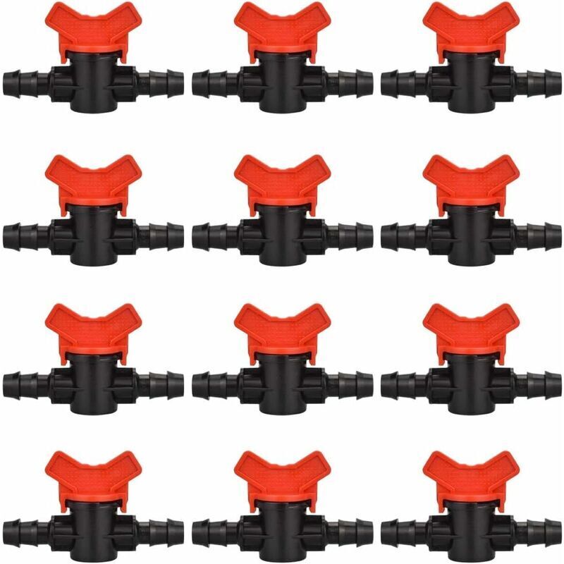 12 PCS Garden Hose Tap, 16mm Irrigation Hose Valve, Plastic Shut-Off Valve Fitting for Outdoor Garden Water Valve Control (Black + Red)