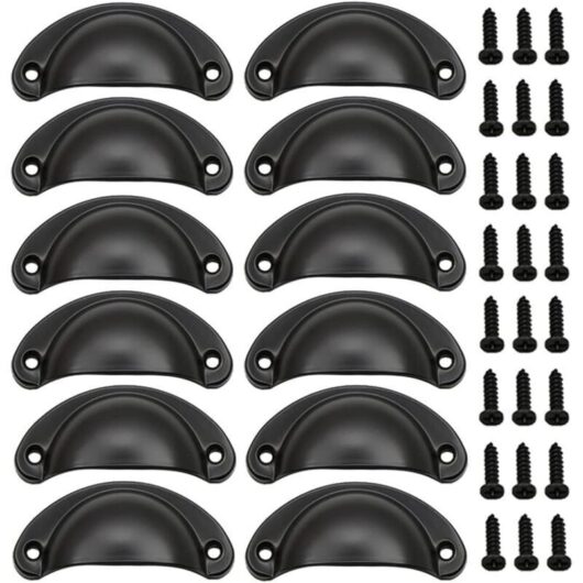 12 Pieces Shell Door Handle, Retro Door Handles, Traditional Half-Moon Furniture Handles with Screws, for Drawer, Wardrobe, Dresser (Black)