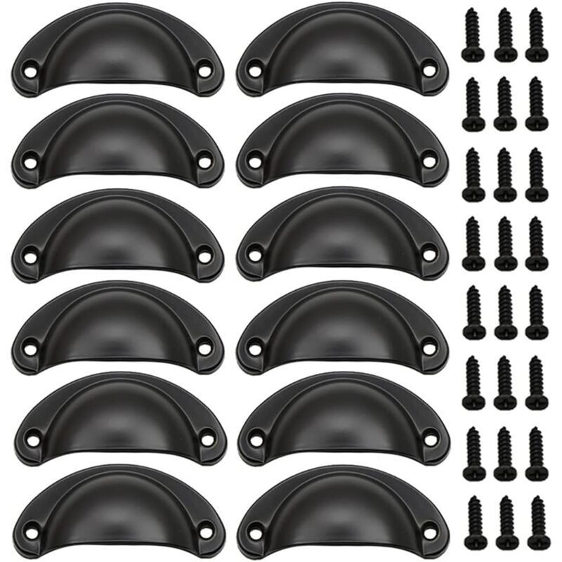 12 Pieces Shell Door Handle, Retro Door Handles, Traditional Half-Moon Furniture Handles with Screws, for Drawer, Wardrobe, Dresser (Black)