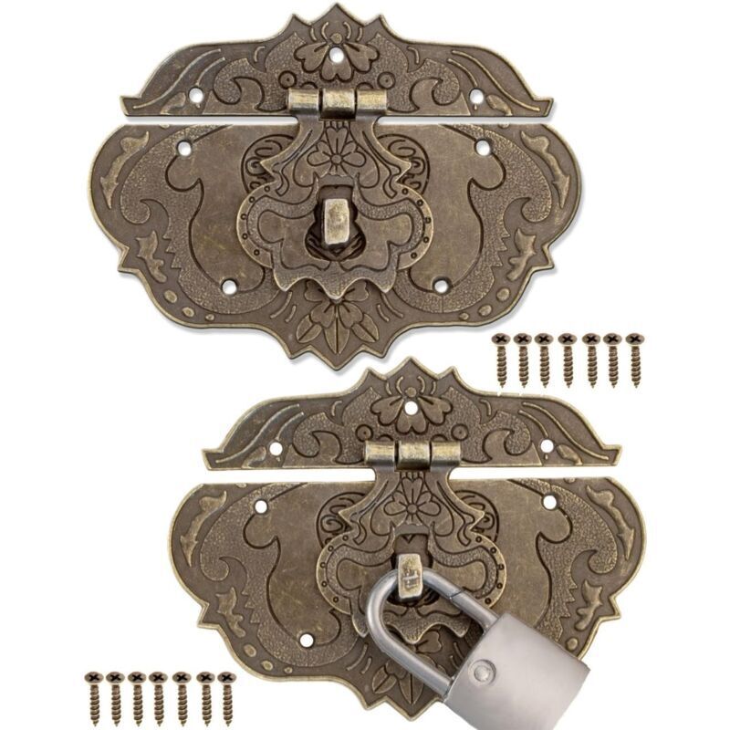 Set of 2 antique-style bronze-iron design furniture clasps, fittings for curtain locks, chests and boxes, sliders, 95 x 73 mm with screws
